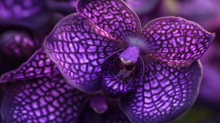 A close-up of Zygopetalum orchid with its intricate patterns and rich purple huesの素材