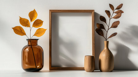 Natural wooden frame on a clean white background, elegant simplicity for design displaysの素材