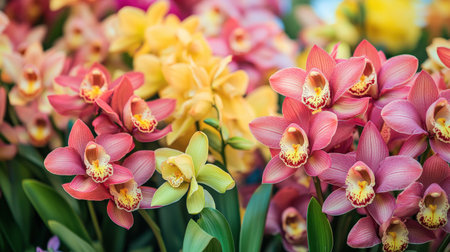 A vibrant display of Cymbidium orchids, with their large blooms in shades of pink and yellowの素材