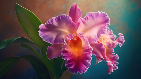 A vibrant Cattleya orchid with ruffled petals in shades of pink and purple, basking in natural lightの素材