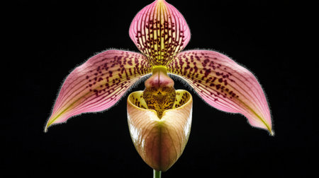 A close-up of Paphiopedilum orchid, commonly called the Lady's Slipper, with its unique pouch-shaped bloomの素材