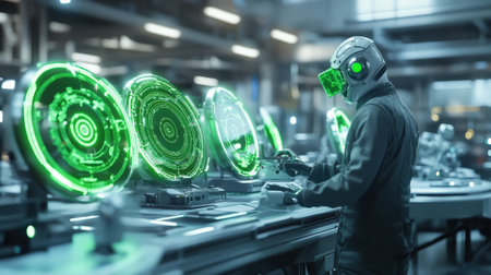 A futuristic shipyard where autonomous vessels are controlled by neon green holographic navigation displaysの素材