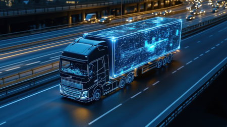 driverless truck on a futuristic road, guided by glowing blue holograms showing real-time traffic flowの素材