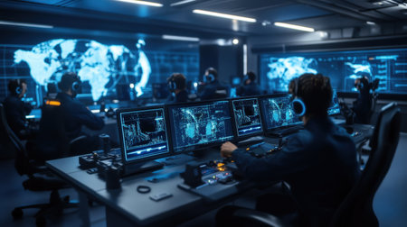 A digital command center filled with engineers controlling a fleet of autonomous ships using blue hologramsの素材
