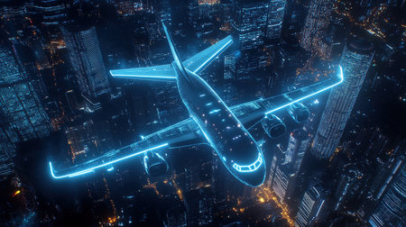 An autonomous cargo jet navigating through neon blue holographic flight paths over a smart cityの素材