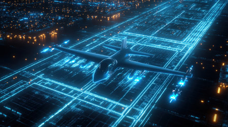 A sci-fi airstrip where drones and planes navigate through glowing blue holographic flight pathsの素材