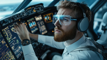 A pilot using a holographic interface to monitor real-time air freight data in a futuristic cockpitの素材