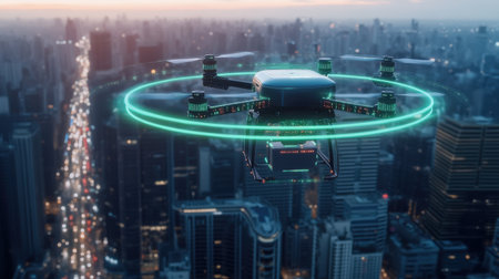 An autonomous drone delivering air freight packages along neon green holographic paths projected over a cityの素材