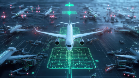 A drone view of a futuristic airport where autonomous planes follow glowing green holographic flight routesの素材