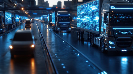 A fleet of autonomous cargo trucks navigating a futuristic highway lit by neon blue hologramsの素材