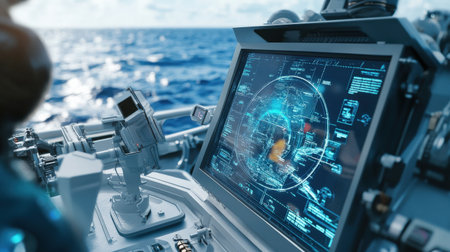 A close-up of a holographic navigation system on a futuristic ship showing blue sea routes and real-time dataの素材