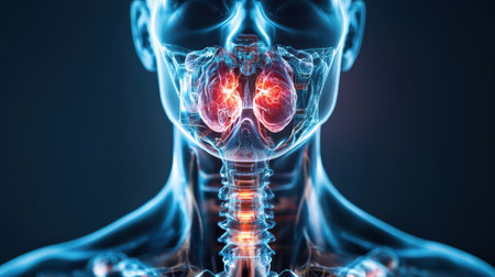 thyroid gland produce This hormone is responsible for regulating the metabolism. body temperature level Blood lipid levels Including emotions holographic scan projection 3D renderingの素材