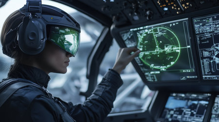 A pilot using a floating green holographic interface to track flight paths and cargo data in a futuristic cockpitの素材