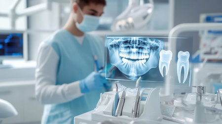 dentist on background using digital x-ray of human tooth structure holographic scan projection 3D renderingの素材