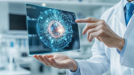 eye doctor on blurred background using digital x-ray of human eye structure holographic scan projection 3D renderingの素材