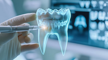 dentist on background using digital x-ray of human tooth structure holographic scan projection 3D renderingの素材