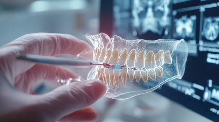 dentist on background using digital x-ray of human tooth structure holographic scan projection 3D renderingの素材