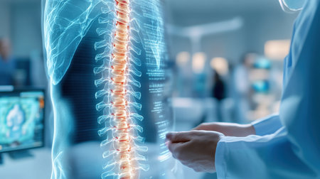 doctor on blurred background using digital x-ray of human spinal cord spinal cord , a long, tube-like band of tissue. It connects your brain to your lower back. Your spinal cord carries nerve signals from your brain to your body and vice versa. These nerve signals help you feel sensations and move your body. Any damage to your spinal cord can affect your movement or function , holographic scan projection 3D rendering --ar 16:9 --personalize jaydbm9 --v 6.1 Job ID: d0ce5079-0d2e-454b-a98a-602c435f3895の素材