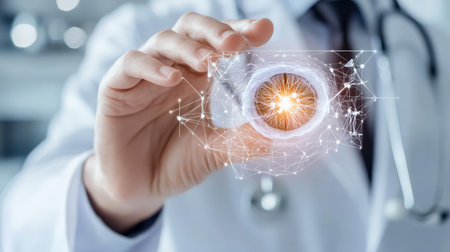 eye doctor on blurred background using digital x-ray of human eye structure holographic scan projection 3D renderingの素材