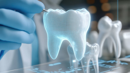 dentist on background using digital x-ray of human tooth structure holographic scan projection 3D renderingの素材