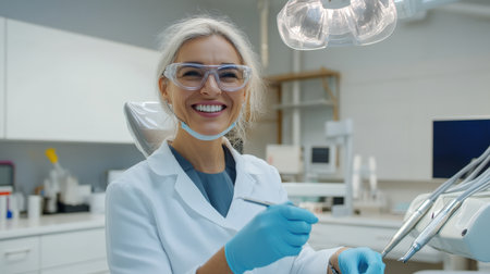 Happy mature woman during teeth checking at dental clinic.の素材