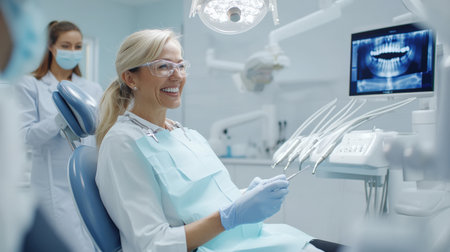 Happy mature woman during teeth checking at dental clinic.の素材