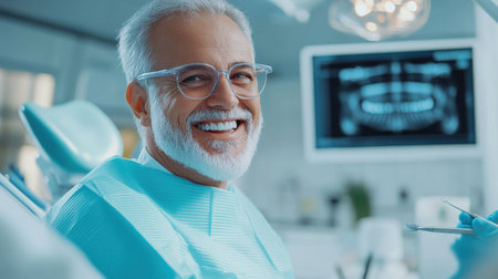 Happy mature man during teeth checking at dental clinicの素材