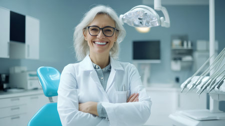 Happy mature woman during teeth checking at dental clinic.の素材