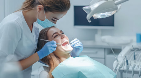 Happy mature woman during teeth checking at dental clinic.の素材