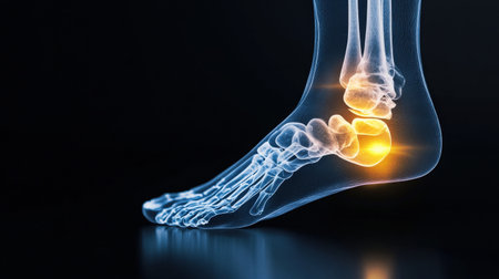 An X-ray of a foot with the ankle highlighted in yellowの素材