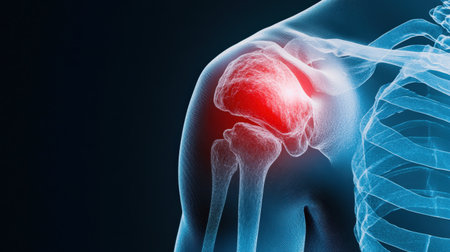 An X-ray blue of a shoulder with the upper arm and shoulder joint highlighted in redの素材