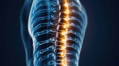 An X-ray blue of a spine with the spine joint Showing the back of a person with short bones in the back. highlighted in yellowの素材