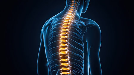 An X-ray blue of a spine with the spine joint Showing the back of a person with short bones in the back. highlighted in yellowの素材