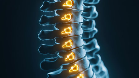 An X-ray blue of a spine with the spine joint Showing the back of a person with short bones in the back. highlighted in yellowの素材