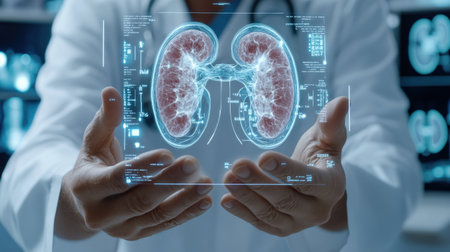 doctor using digital x-ray of human kidneys, kidney stone Maintain water balance in the body, holographic scan projection 3D rendering on a digital tablet examiningの素材