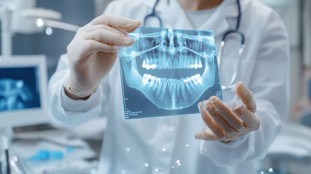 Professional doctor holding a holographic image dentist on background using digital x-ray of human tooth structure holographic scan projection 3D renderingの素材