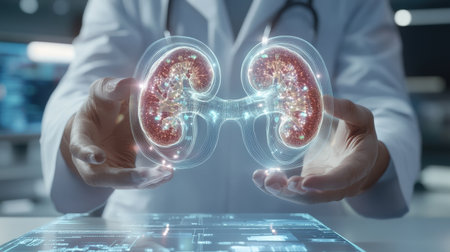 doctor using digital x-ray of human kidneys, kidney stone Maintain water balance in the body, holographic scan projection 3D rendering on a digital tablet examiningの素材