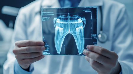 Professional doctor holding a holographic image dentist on background using digital x-ray of human tooth structure holographic scan projection 3D renderingの素材