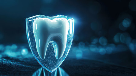 Tooth with blue glowing particles. healthy teeth adorned with a protective shieldの素材