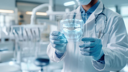 Professional doctor holding a holographic image dentist on background using digital x-ray of human tooth structure holographic scan projection 3D renderingの素材