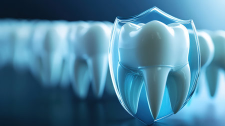 Tooth with blue glowing particles. healthy teeth adorned with a protective shieldの素材
