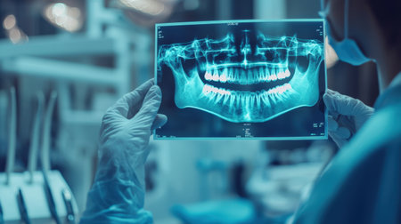 Professional doctor holding a holographic image dentist on background using digital x-ray of human tooth structure holographic scan projection 3D rendering --ar 16:9 --v 6.1 Job ID: 75ee3a1e-3c19-47a6-9b9a-a840e09d5859の素材