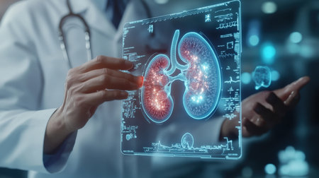 doctor on blurred background using digital x-ray of human kidneys, urinary tract , urinary tract structure ,Maintain water balance in the body, holographic scan projection 3D rendering --ar 16:9 --v 6.1 Job ID: a1e5584e-d111-47dd-8d89-09c2648d98cbの素材