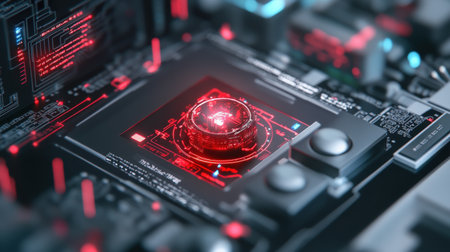 Cyber security and information technology concept. Close up of modern computer circuit board with red button. 3D Renderingの素材