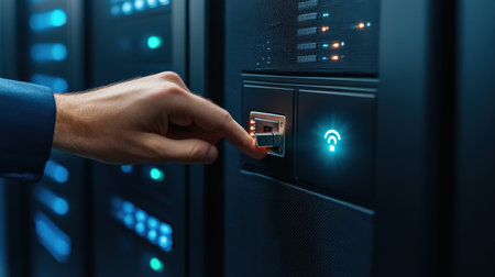 Close-up of a man's hand pressing a button in a server roomの素材