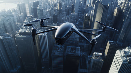 Drone with digital camera flying over the city. 3d renderingの素材