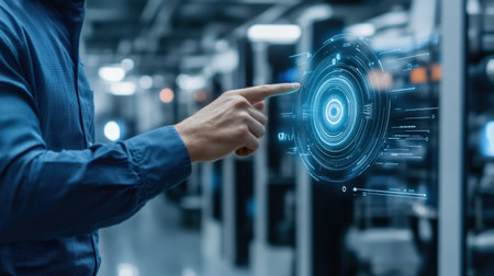 Businessman using digital hologram in data center room 3D renderingの素材