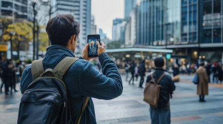 Hipster man taking photo with smart phone in Hong Kong cityの素材
