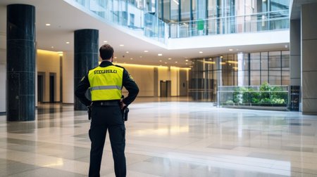 Security guard standing in the lobby of a modern office building. Rear view.の素材