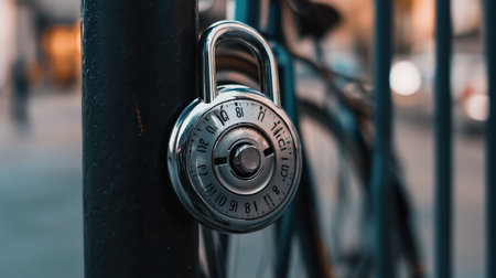 Close up of a combination padlock on a pillar in the street.の素材